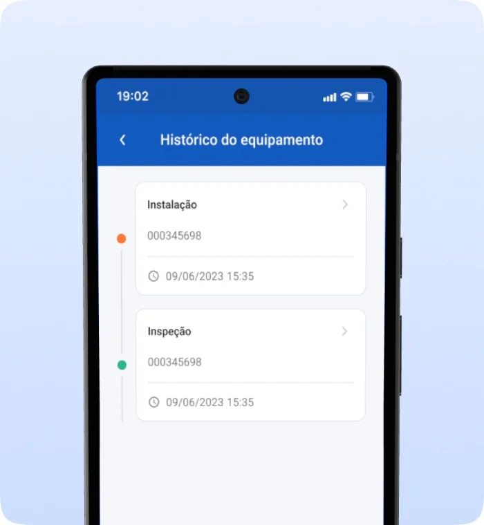 Histórico detalhado de equipamentos, incluindo etapas como instalação e inspeção.
