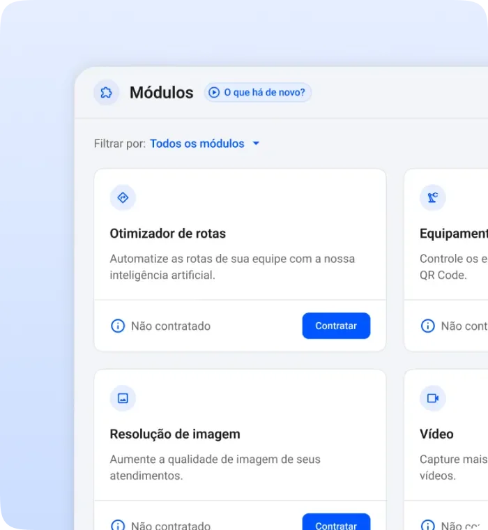 Alguns dos módulos adicionais como otimizador de rotas, resolução de imagem, vídeo e equipamentos.