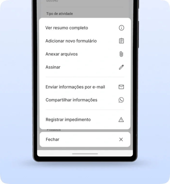 Diversas funcionalidades de gestão de clientes, incluindo visualizar resumo completo, adicionar formulários personalizados, anexar arquivos, coletar assinaturas digitais e enviar relatórios detalhados por e-mail ou WhatsApp.