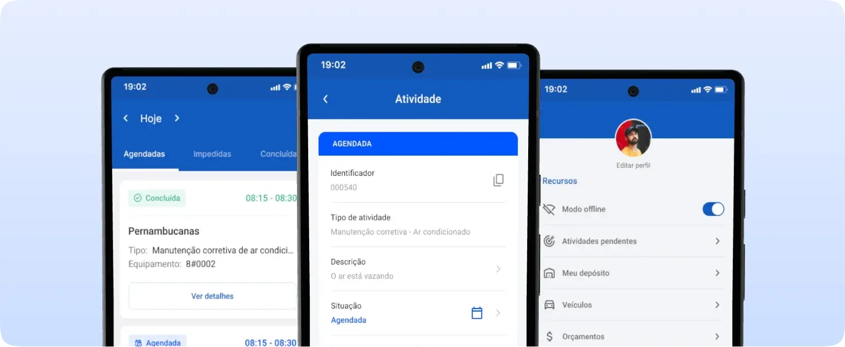 Interface do aplicativo Field Control exibindo informações detalhadas sobre atividades, como identificador, tipo de atividade e descrição, junto com opções de configuração, incluindo modo offline, depósitos, atividades pendentes e mais.