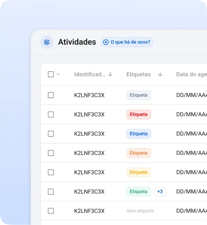 Menu de atividades com informações de identificadores, etiquetas e datas de agendamento