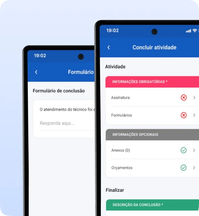 Detalhes de conclusão de atividades, incluindo assinatura digital, preenchimento de formulários, anexos de arquivos relevantes e apresentação de orçamentos.