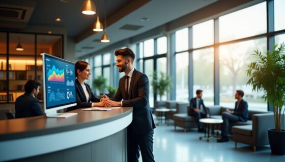 Imagem mostra um gestor conversando com alguém na recepção do trabalho, com um gráfico de avaliação em cima da mesa.