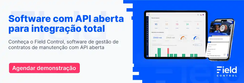 Uma imagem que possui o título "Software com API aberta para integração total" e o subtítulo "Conheça o Field Control, software de gestão de contratos de manutenção com API aberta". Embaixo possui um botão de "agendar demonstração", ao lado há uma tela do Field em Ipad com dados de prazo de resposta e uma tela de celular com dados de equipamentos.