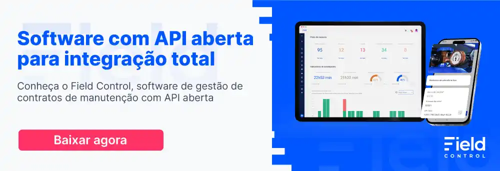 Uma imagem que possui o título "Software com API aberta para integração total" e o subtítulo "Conheça o Field Control, software de gestão de contratos de manutenção com API aberta". Embaixo possui um botão de "agendar demonstração", ao lado há uma tela do Field em Ipad com dados de prazo de resposta e uma tela de celular com dados de equipamentos.